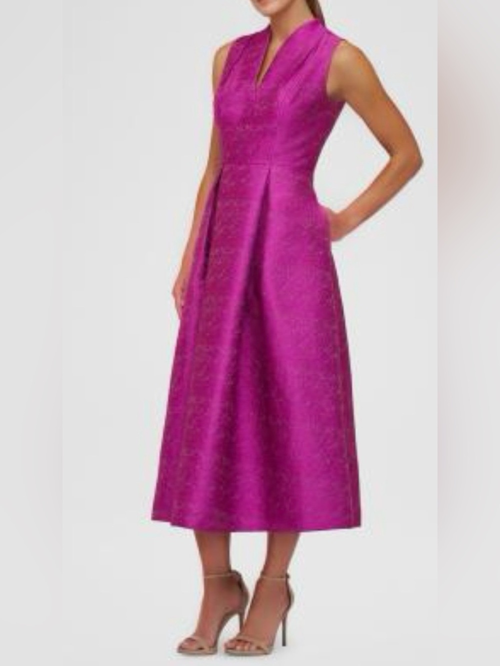 ❤️ Kay Unger Allegra V- neck Pleated Jacquard A-Line Dress